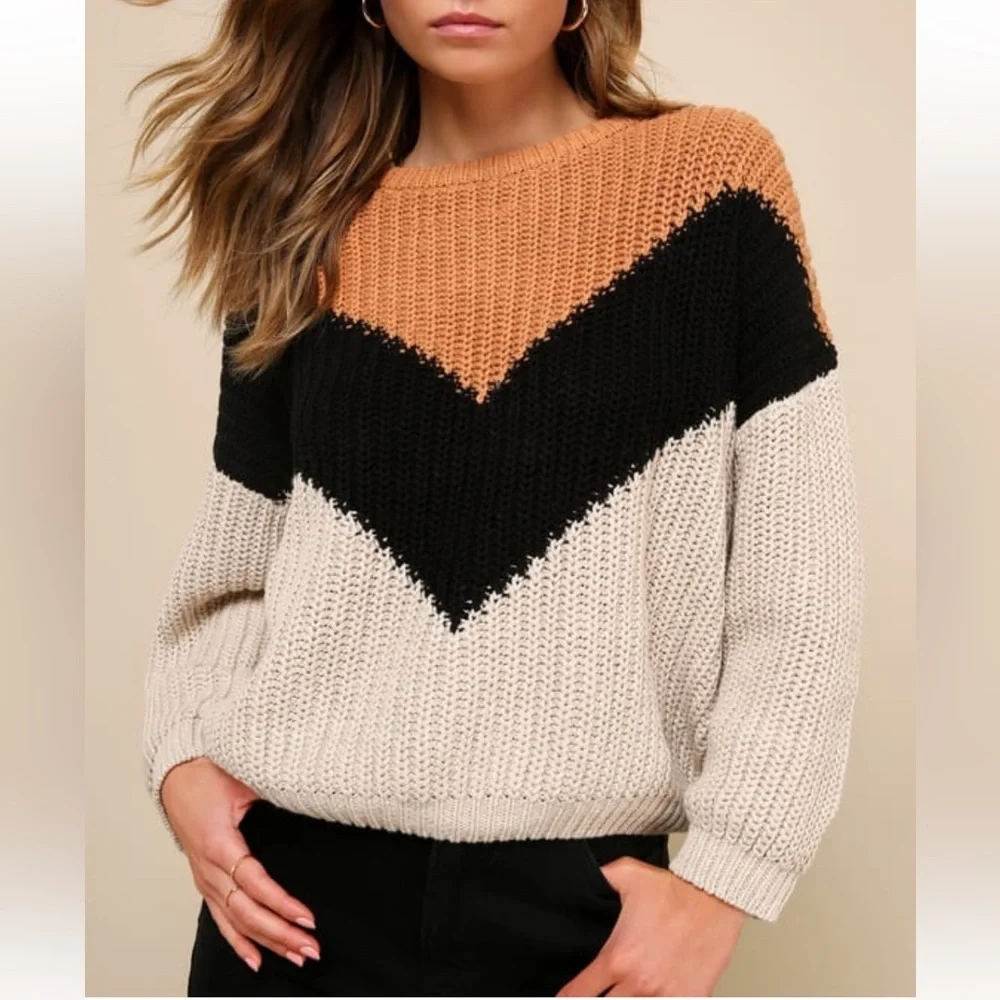 Lulu’s - Autumn Leaves Chevron Stripe Knit Sweater in Tan Multi - Picture 5 of 5
